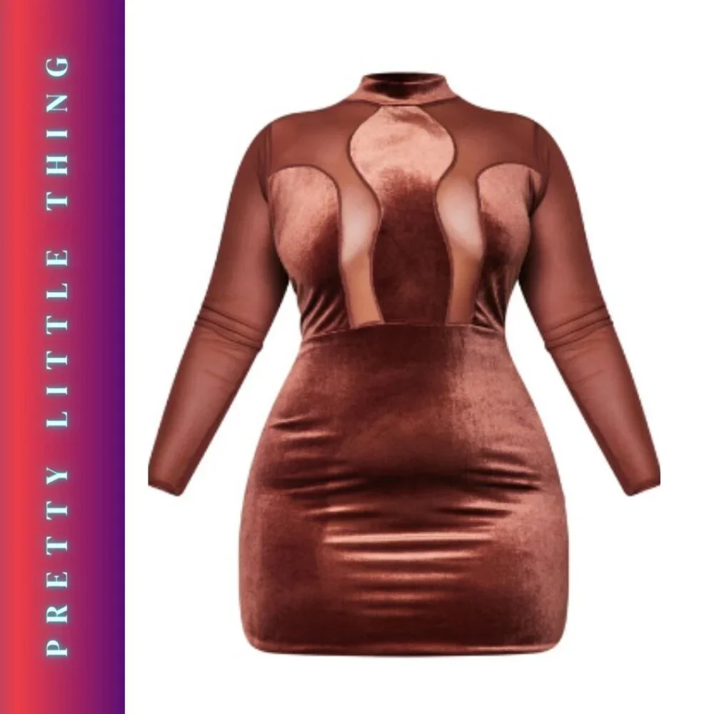 NWT Pretty Little thing Chocolate Velvet Long Sleeve mini dress plus size 16 - Picture 1 of 11